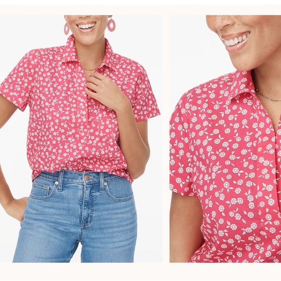 J.Crew Tops - J CREW Printed Pink Fuchsia Ivory Poplin Popover Too Size L